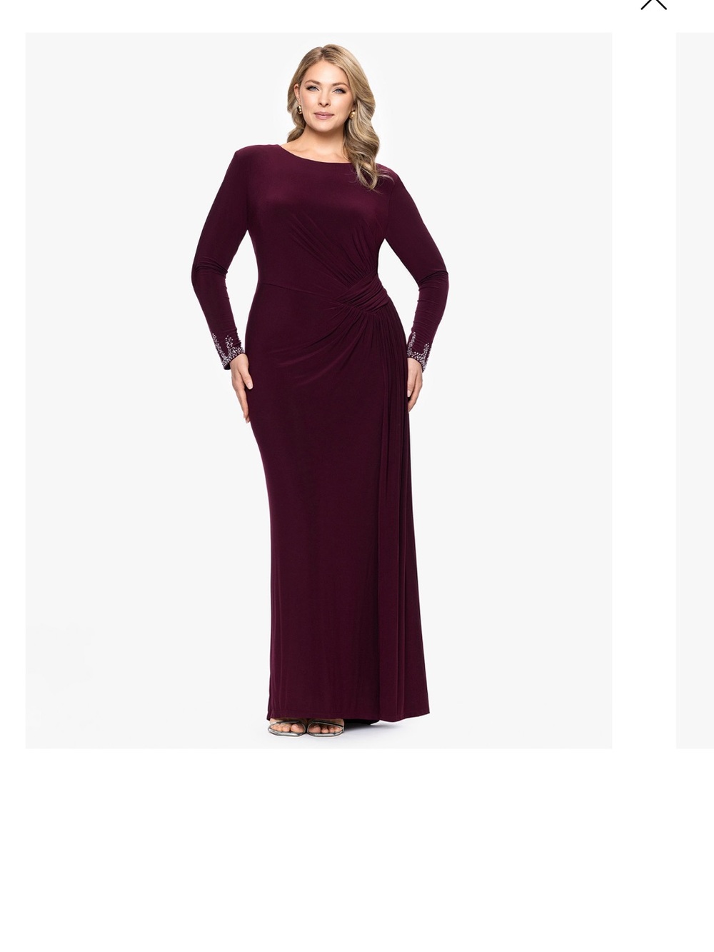Betsy & Adam Long-Sleeve Maxi Gown in Plum